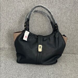 Classic Black and Tan Faux Leather Shoulder Bag with Gold Accent
